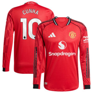 Manchester United adidas Home Authentic Shirt 2025-26 - Long sleeve with Cunha 10 printing