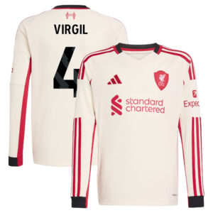 Liverpool adidas Away Shirt 2025-26 - Kids - Long Sleeve with Virgil 4 printing