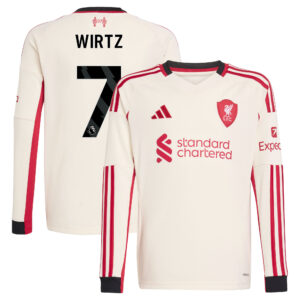 Liverpool adidas Away Shirt 2025-26 - Kids - Long Sleeve with Wirtz 7 printing