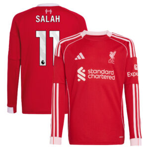 Liverpool adidas Home Shirt 2025-26 - Kids - Long sleeve with Salah 11 printing