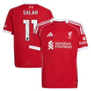 Liverpool adidas Home Shirt 2025-26 - Kids with Salah 11 printing