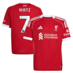 Liverpool adidas Home Shirt 2025-26 - Kids with Wirtz 7 printing