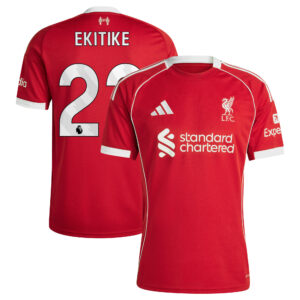 Liverpool adidas Home Shirt 2025-26 with Ekitike 22 printing