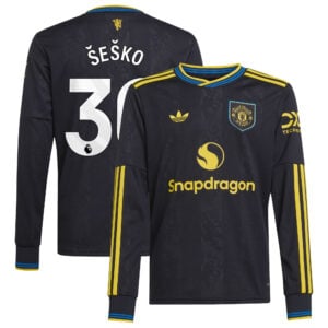 Manchester United adidas Third Shirt 2025-26 - Kids - Long Sleeve with Šeško 30 printing