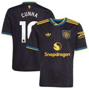 Manchester United adidas Third Shirt 2025-26 - Kids with Cunha 10 printing