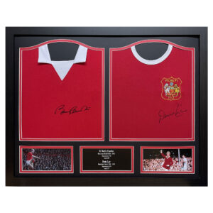 Manchester United Framed Bobby Charlton & Denis Law Double Signed Shirt Display