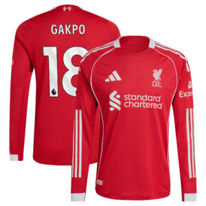 Liverpool adidas Home Authentic Shirt 2025-26 - Long sleeve with Gakpo 18 printing