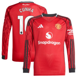 Manchester United adidas Home Shirt 2025-26 - Kids - Long Sleeve with Cunha 10 printing