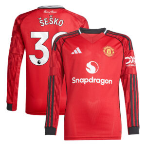 Manchester United adidas Home Shirt 2025-26 - Kids - Long Sleeve with Šeško 30 printing