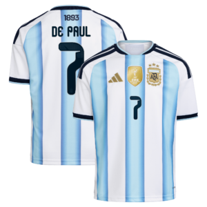 Argentina adidas Home Shirt 2026 - Kids with De Paul 7 printing