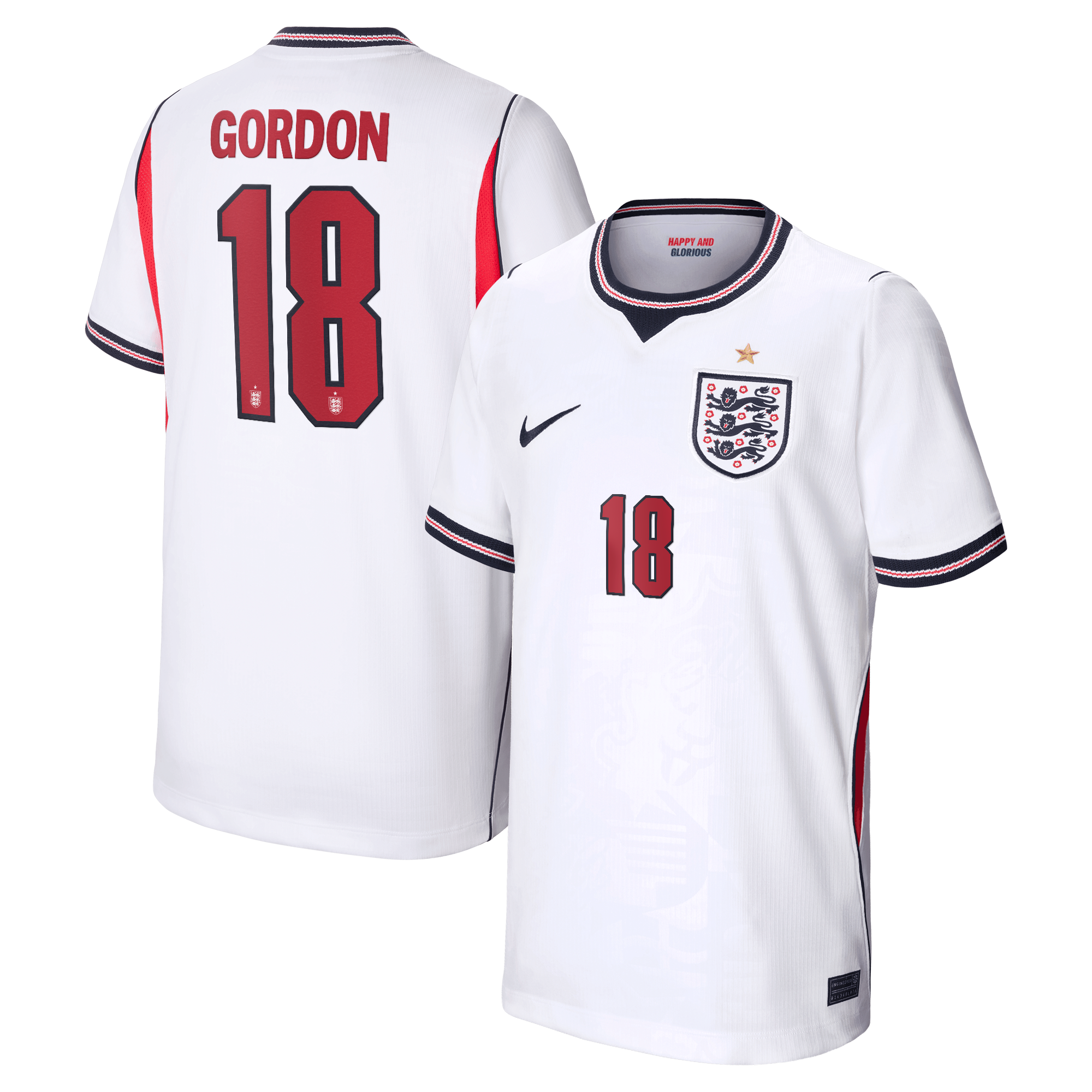 England Nike Home Stadium Shirt 2026 - Kids with Gordon 18 printing