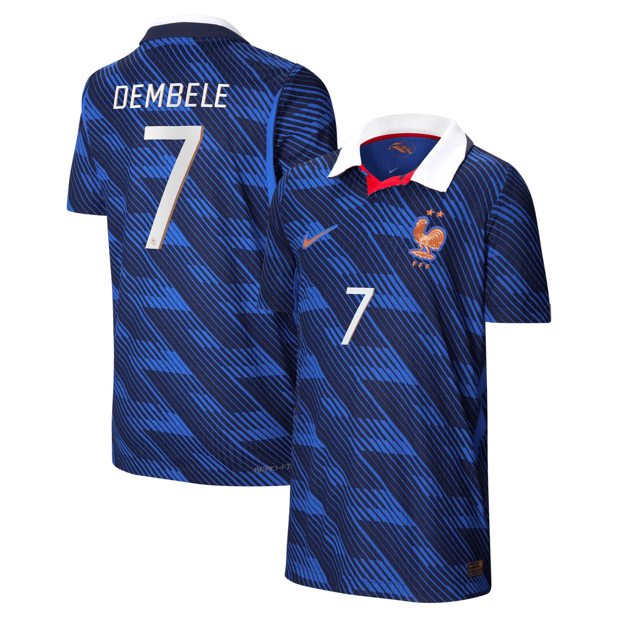 France Nike Aero-Fit Home Match Shirt 2026 - Kids with Dembele 7 printing