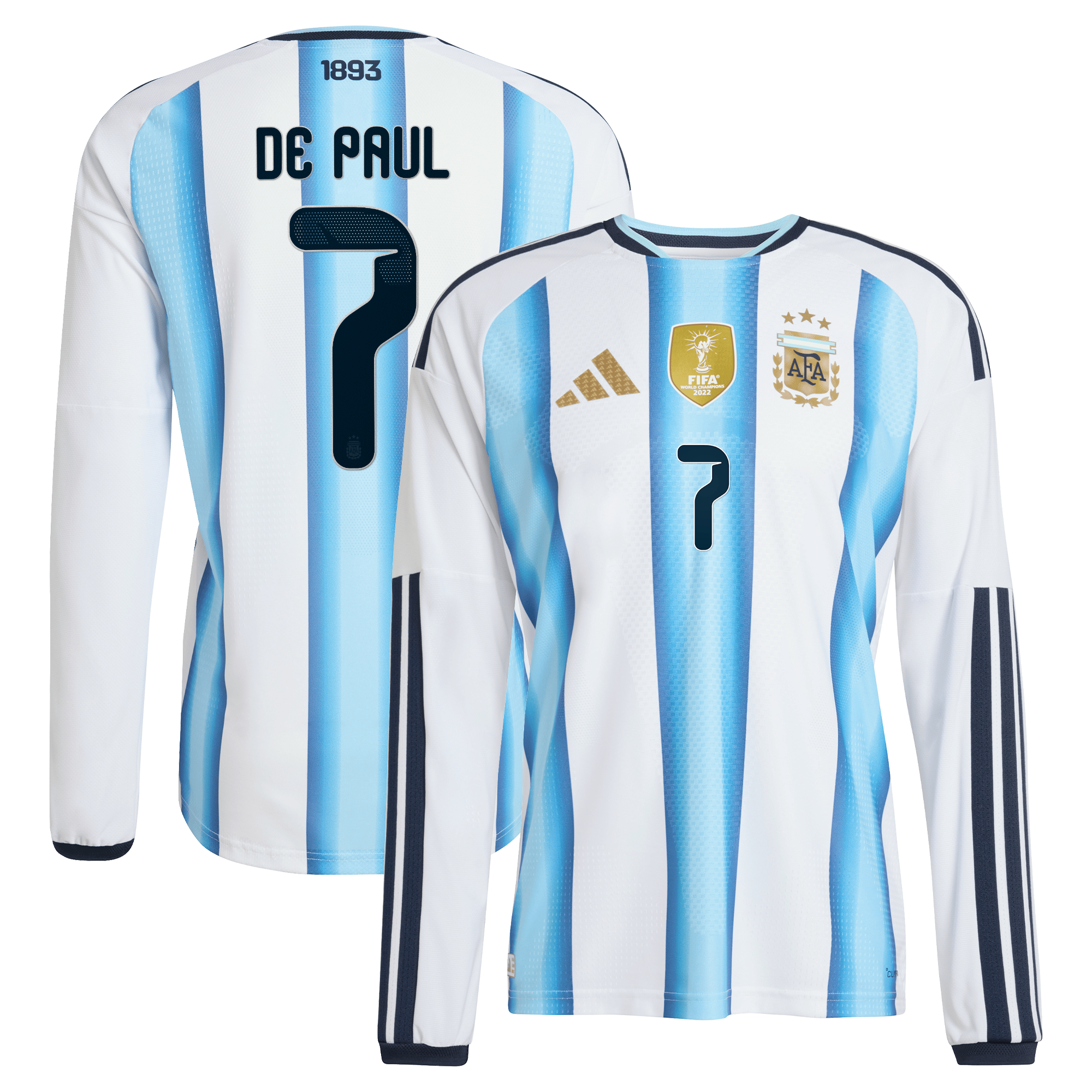 Argentina adidas Home Authentic Shirt 2026 - Long sleeve with De Paul 7 printing