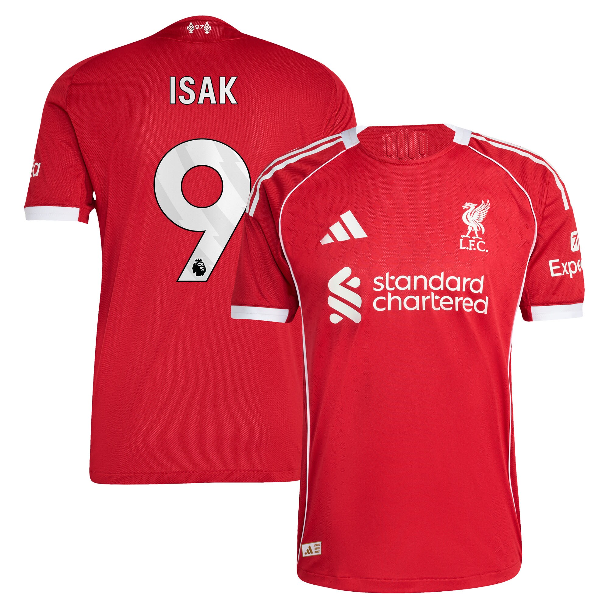 Liverpool adidas Home Authentic Shirt 2025-26 with Isak 9 printing