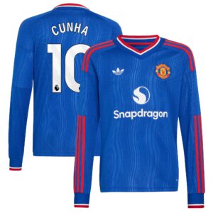 Manchester United adidas Away Shirt 2026-27 - Long Sleeve - Kids with Cunha 10 printing