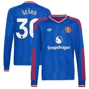 Manchester United adidas Away Shirt 2026-27 - Long Sleeve - Kids with Šeško 30 printing