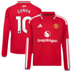 Manchester United adidas Home Shirt 2026-27 - Kids - Long Sleeve with Cunha 10 printing