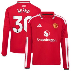 Manchester United adidas Home Shirt 2026-27 - Kids - Long Sleeve with Šeško 30 printing