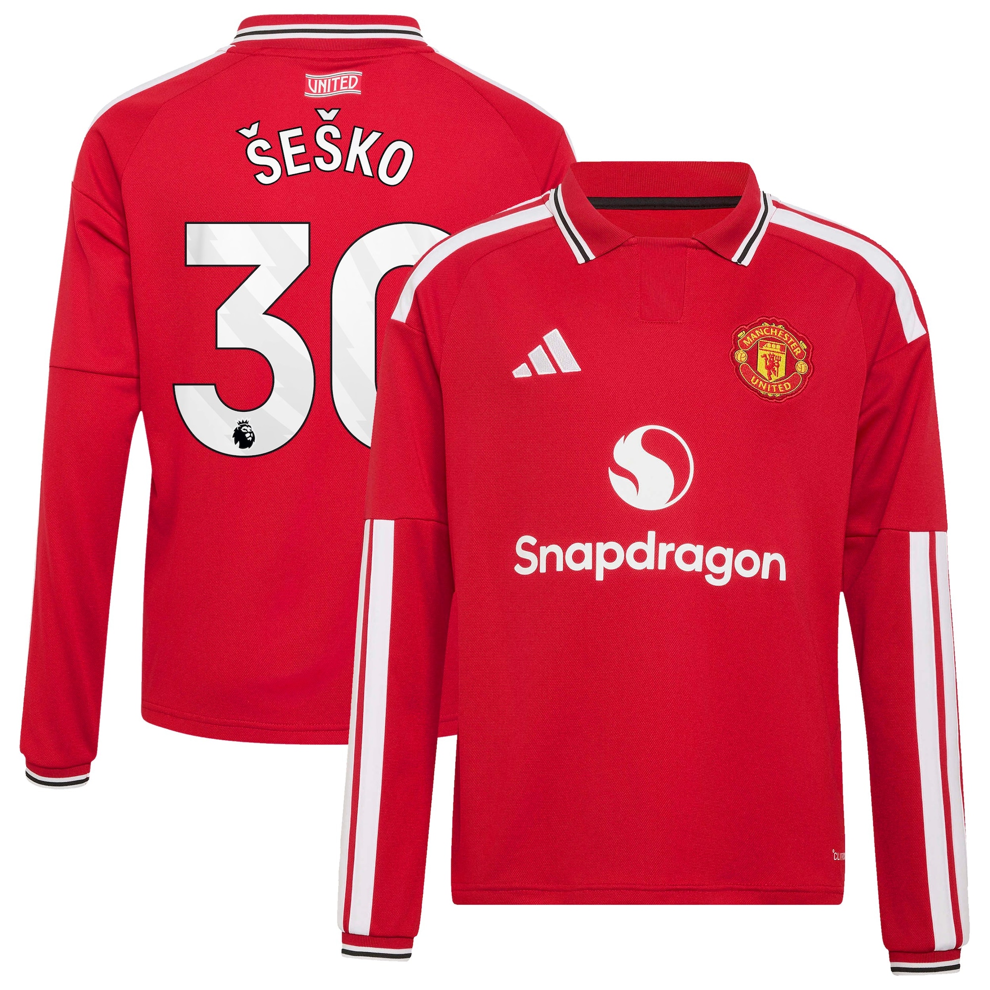 Manchester United adidas Home Shirt 2026-27 - Kids - Long Sleeve with Šeško 30 printing