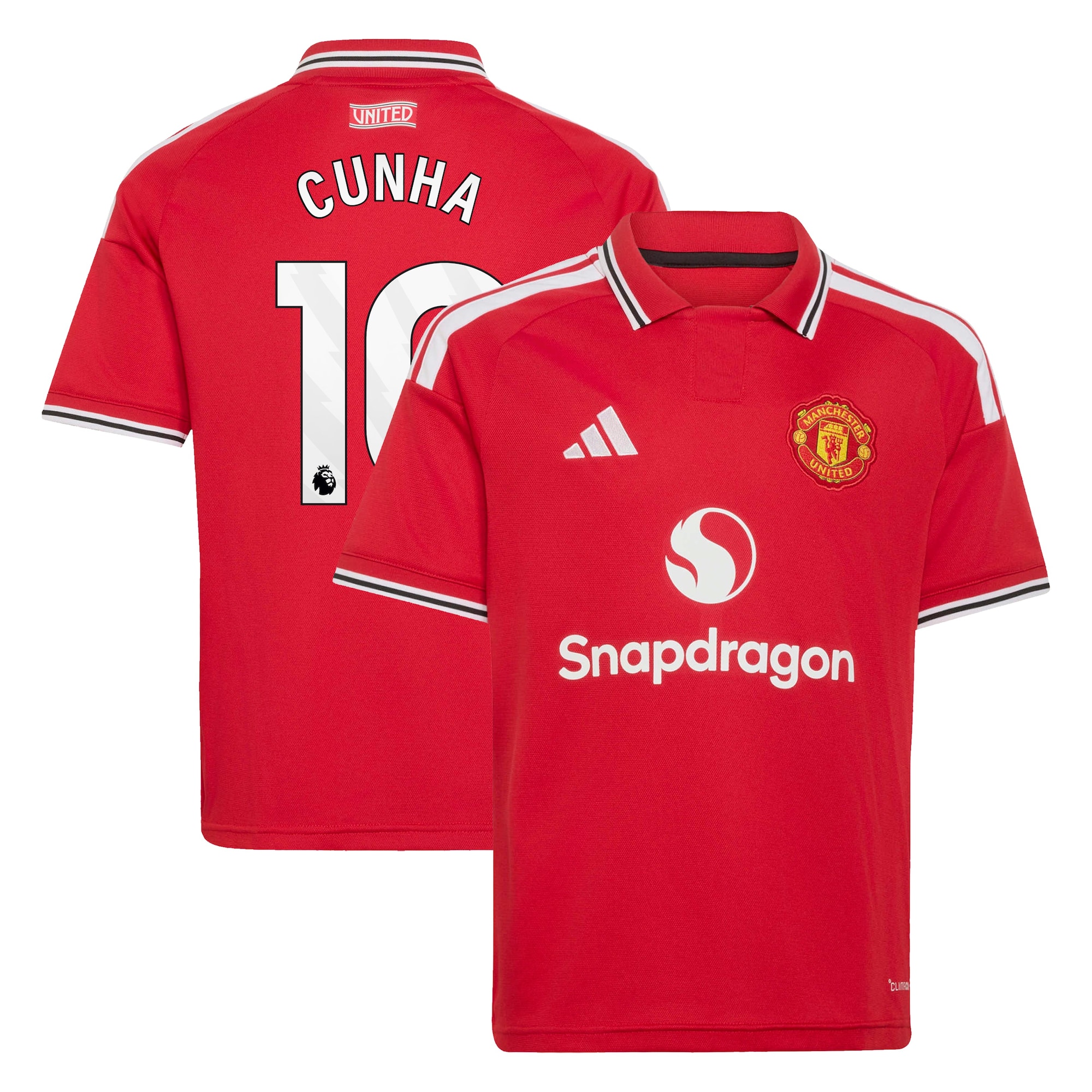 Manchester United adidas Home Shirt 2026-27 - Kids with Cunha 10 printing
