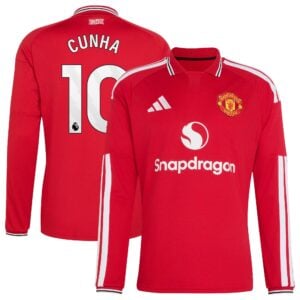 Manchester United adidas Home Shirt 2026-27 - Long Sleeve with Cunha 10 printing