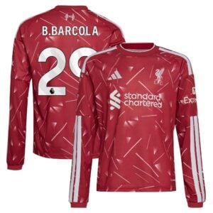 Liverpool adidas Home Shirt 2026-27 - Kids - Long Sleeve with B.Barcola 29 printing